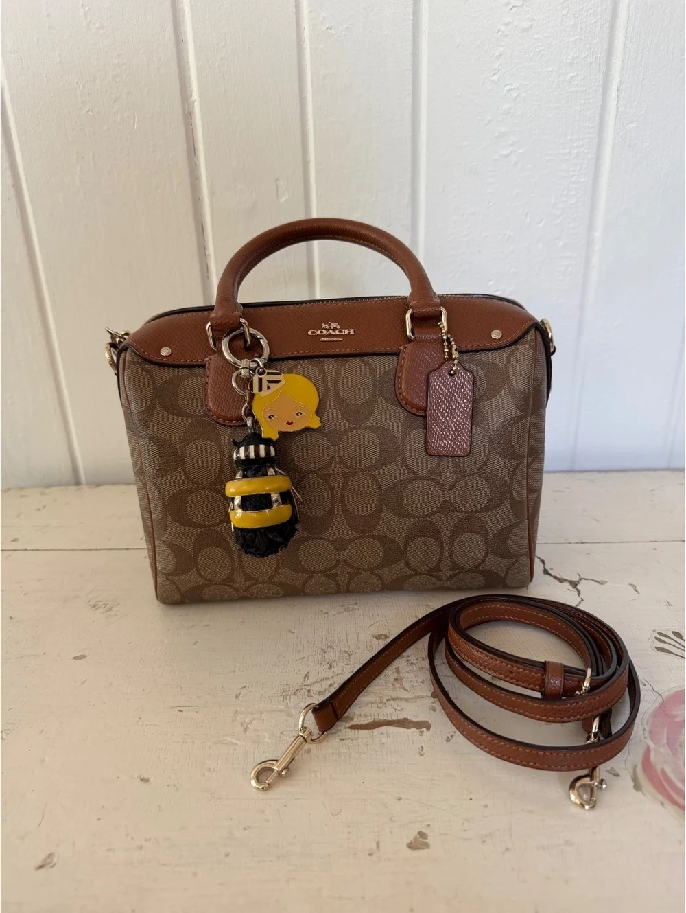 Coach Signature Canvas and Leather Satchel Handbag with Strap, no charms